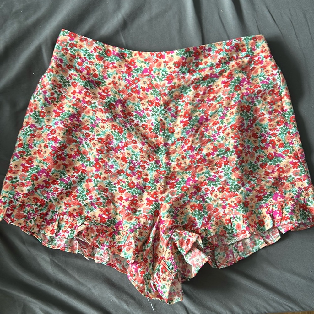 Floral High Waist Ruffle Trim Shorts